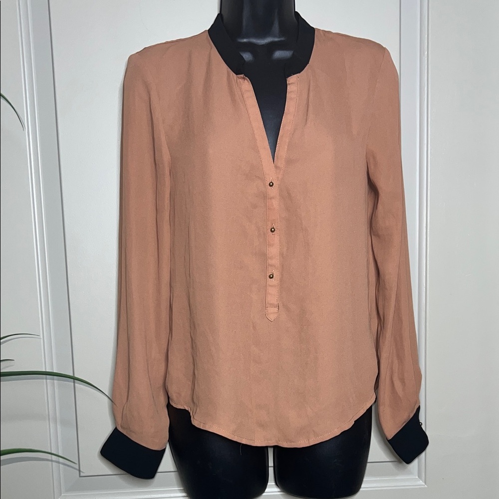 Elegant Tan Blouse with Black Accents